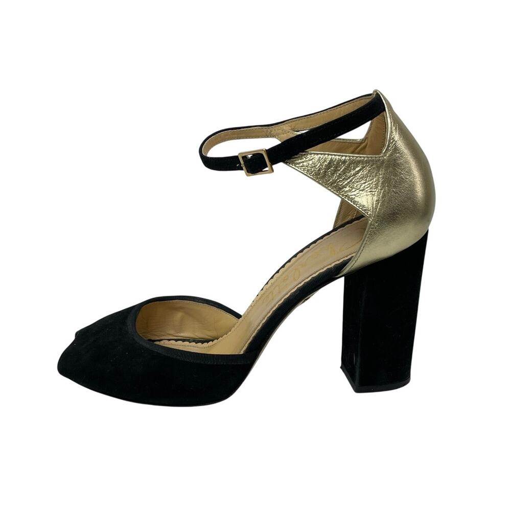 Vero Cuoio Black Gold Peep Toe Block Heels Sling Back Platform Sandals 39.5 US 8